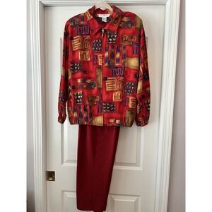 Vintage Erin London Red Colorful Jacket Pants Full Zip 90's Blazer Top Medium‎